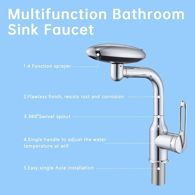 Bathroom Sink Faucet 1 Hole, Chrome Multifunctional Basin Faucet with 4 Water Outlet Modes, Modern 360°Rotatable Bar Tap with Two Water Supply Pipes