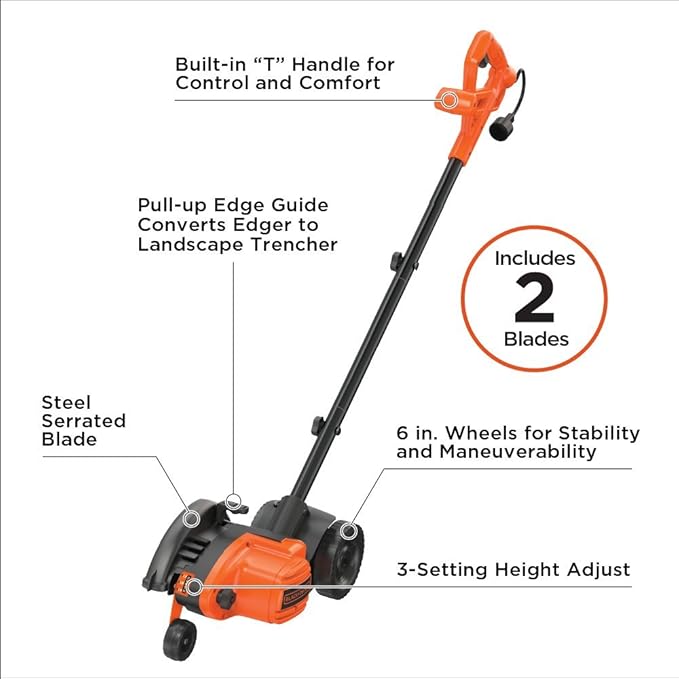 BLACK+DECKER Lawn Edger Trencher 2 in 1, 12 Amp 7.5 in. Electric Edger Lawn Tool for Landscaping and Trench Digger, 3 Height Settings, Corded (LE760FF)