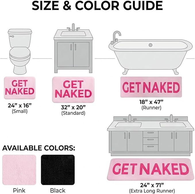 Black Get Naked Memory Foam Runner Rug 17x47 Inch, Funny Bathroom Rugs, Cute Dorm, Apartment Decor, Soft Non Slip Absorbent Mats for Shower, Vanity