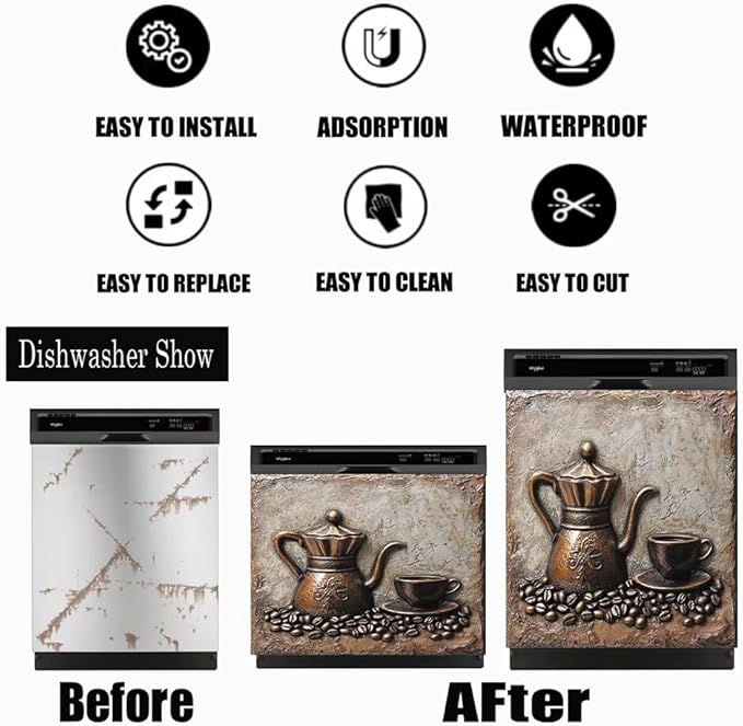 Retro Coffee Magnetic Dishwasher Cover for Kitchen Decorative, Coffee Lover Dishwasher Refrigerator Magnets Decor, Dish Washer Magnet Covers for The Front 23" x 17"