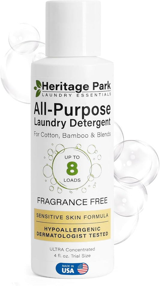 Heritage Park Luxury Laundry Detergent | Dermatologist Tested Plant based Natural & Enzyme Laundry Detergent | Sensitive Skin Friendly - Fragrance Free (4 fl oz Trial Size)