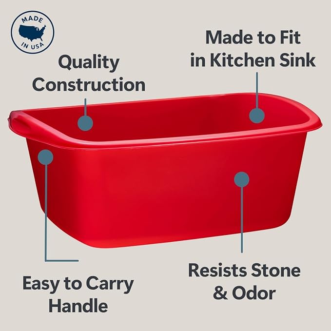 Dish Pans for Kitchen Sink, Plastic Tub Dishpan Wash Basin and Foot Bath for Soaking Feet, Wash Bucket for Washing and Storage Cleaning Supplies - 12 Quarts - Heavy Duty (Red, 8)