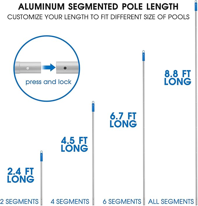 2 in 1 Multifunctional Pool Brush with 10 FT Poles - 17.5'' Heavy Duty Swimming Pool Brush & Multifunctional Brush Head, 10 FT Aluminum Poles, Cleaning Inground & Above Ground Pools, Vinyl Liner