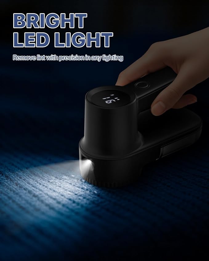 Rechargeable Lint Shaver, Lint Remover with LED Light,3 Extra Blades | 3-Speeds Sweater Shaver with LED Display, Electric Fabric Shaver for Clothing & Furniture, Type-C Fast Charging Port - Black - Image 2