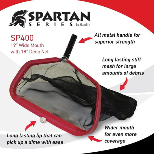 SKIMLITE MANUFACTURING SP400 Leaf Skimmer Net for Cleaning Pools 19" Heavy Duty Fine Mesh Rake Cleaner Tool Reinforced Frame & Metal Handle Debris Removal for Inground Hot Tub Spa, Fits All Pool Poles