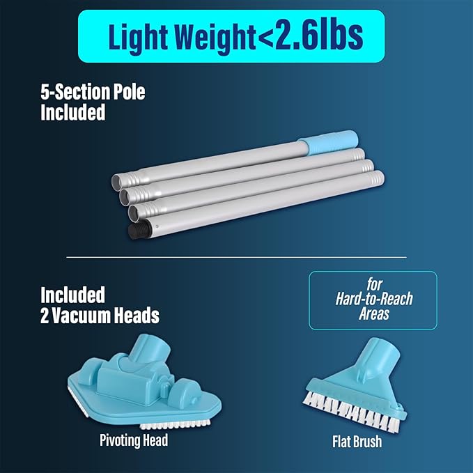 Rechargeable Handheld Pool Vacuum Set with Adjustable Pole and 2 Interchangeable Brush Heads, Ideal for Above-Ground Pools, Hot Tubs, Spas, and Small Pools up to 20ft – Cordless Spot Cleaner(Blue)