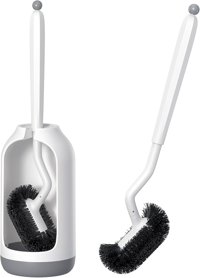 HAMITOR Toilet Bowl Brush Holder Set: Deep Cleaning Brushes with Curved Design - Ergonomic Long Handle for 360?? Dead Corner Clean with Replacement Brush - Bathroom Accessories for RV Apartment
