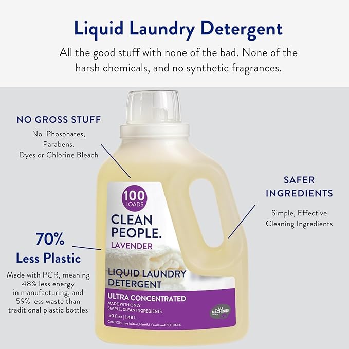The Clean People Liquid Laundry Detergent - Recyclable Packaging, Stain Fighting - Ultra Concentrated, Laundry Soap - Lavender, 100 Loads