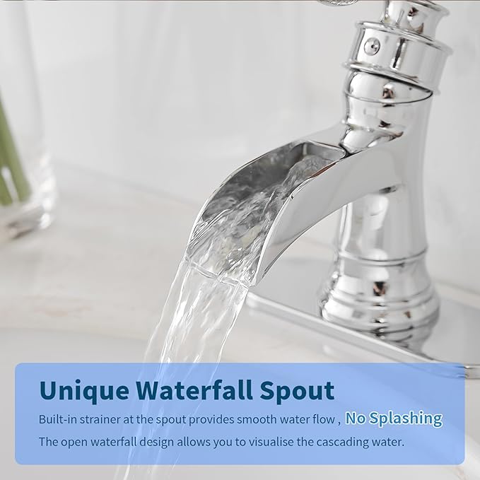 BWE Chrome Bathroom Faucet Waterfall Sink Vanity Single Hole Faucets Restroom Bath One Handle Basin centerset with Pop Up Drain Stopper Mixer Tap Overflow Supply Line