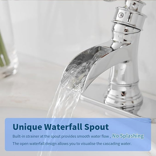 BWE Chrome Bathroom Faucet Waterfall Sink Vanity Single Hole Faucets Restroom Bath One Handle Basin centerset with Pop Up Drain Stopper Mixer Tap Overflow Supply Line