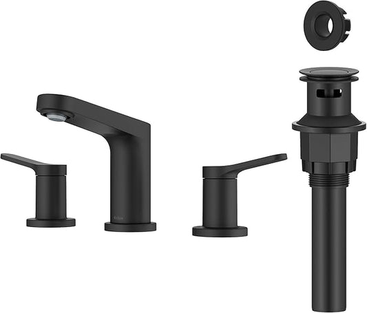 KRAUS Indy Widespread Bathroom Faucet in Matte Black with 2 Handles, Pop Up Drain and Supply Lines, FUS-14103MB