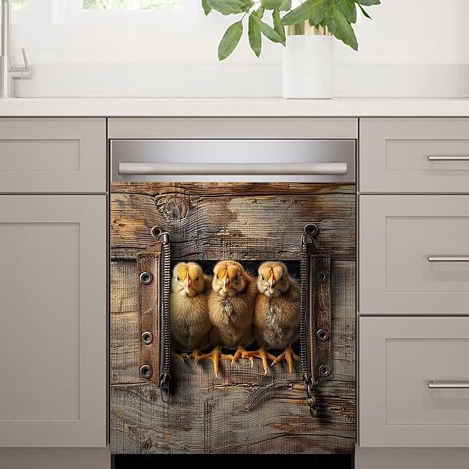 Wood Board and Chicken Pattern Dishwasher Magnet Cover Sticker,Refrigerator Magnet Cover Decal Fridge Magnetic Stickers Home Kitchen Decor,23W x 17H inchs