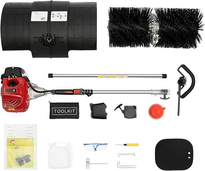 52CC 2.3HP Outdoor Hand Held Gas Power Broom 2-Stroke Gasoline Power Broom Walk Behind Sweeper Cleaning Driveway Tools High Performance Cleaner (1.7kw)