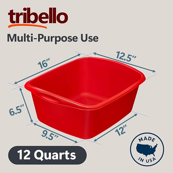 Dish Pans for Kitchen Sink, Plastic Tub Dishpan Wash Basin and Foot Bath for Soaking Feet, Wash Bucket for Washing and Storage Cleaning Supplies - 12 Quarts - Heavy Duty (Red, 16 Pack)