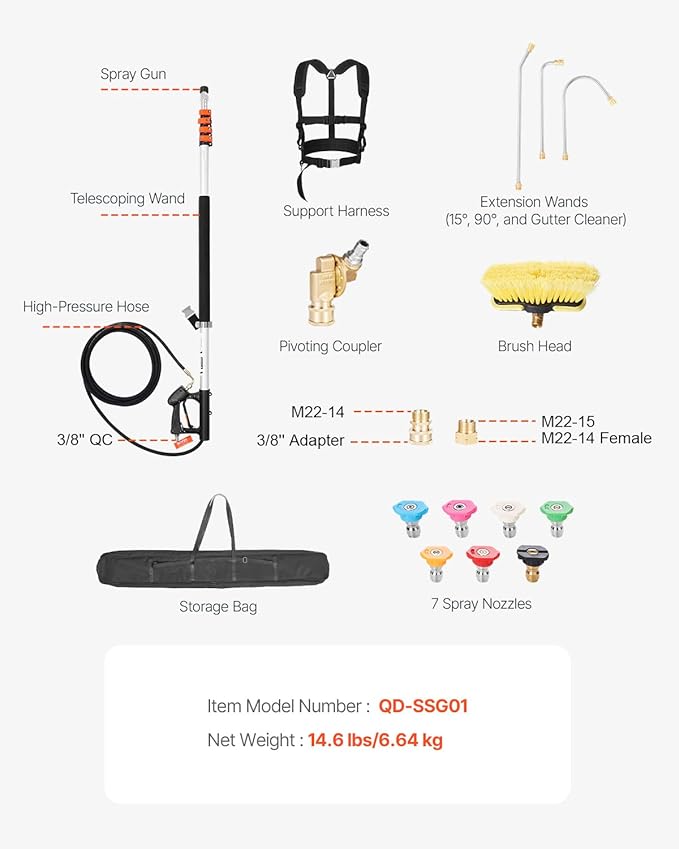 VEVOR Pressure Washer Telescoping Wand, 24 ft, 4000 psi, Telescopic Spray Wand with Power Washer Extension Wands, Gutter Cleaner, Brush Head, Pivoting Coupler, 7 Spray Nozzles and Support Harness