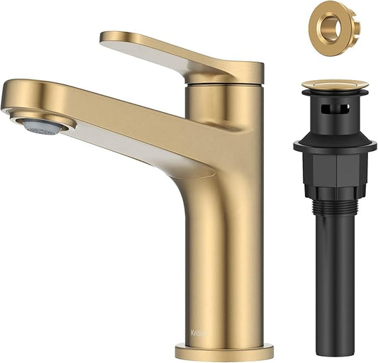 KRAUS Indy Bathroom Faucet in Spot-Free Brushed Brass with Single Handle, Pop Up Drain and Supply Lines, KBF-1411SFBB