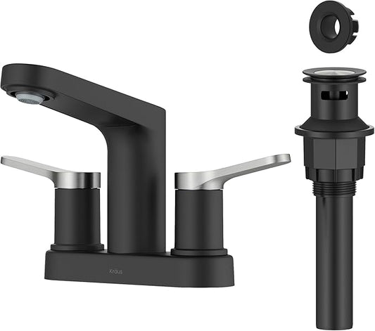 KRAUS Indy Centerset Bathroom Faucet in Spot-Free Brushed Nickel/Matte Black with 2 Handles, Pop Up Drain and Supply Lines, FUS-14102SFBNMB