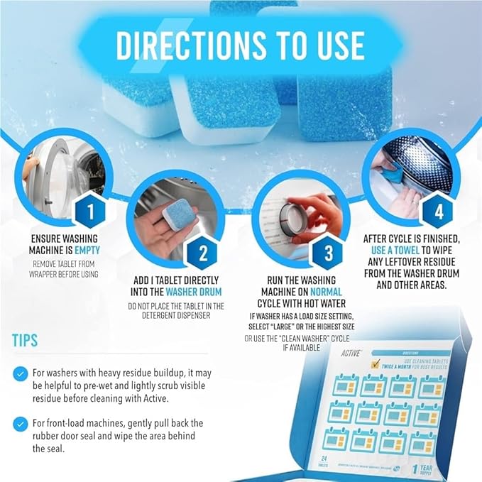 Washing Machine Cleaner Descaler 12 Pack - Deep Cleaning Tablets For HE Front Loader & Top Load Washer, Septic Safe Eco-Friendly Deodorizer, Clean Inside Drum and Laundry Tub Seal - 12 Month Supply(2C