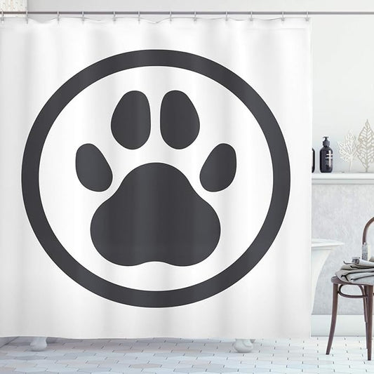Ambesonne Dog Paws Shower Curtain, Logo of a Pet Foot Print on Plain Background Symbolic Pet Care Design, Cloth Fabric Bathroom Decor Set with Hooks, 69" W x 84" L, Dark Grey and White