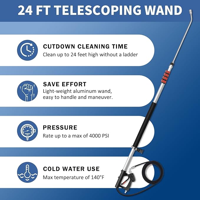 24FT Telescoping Pressure Washer Wand Kit - Extension Pole, Gutter Cleaner, Brush & 5 Nozzles for Roof, Deck, Vehicle, Sidings