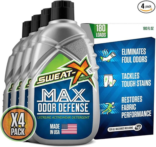 SWEAT X Max Odor Defense Laundry Detergent Liquid - Natural Washing Detergent for Activewear & Gym Clothes - Laundry Detergent for Sensitive Skin - Concentrated Detergent, 45 Loads/Bottle (4 Bottles)