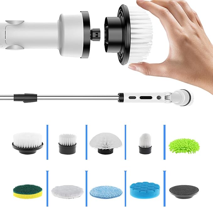 ZJchao Electric Scrubber for Cleaning, Bathroom Cleaning Supplies, Water Proof Cordless with 9pcs Brush Heads and Telescopic Handle for Floors, Bathroom, Kitchen (White)