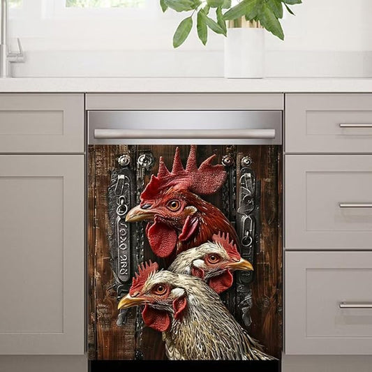 Wood Board and Rooster Pattern Dishwasher Magnet Cover Panel Kitchen Decorative Magnetic Refrigerator Front Door Cover Sticker,23W x 26H inchs