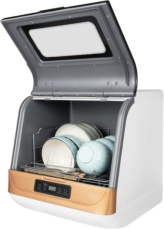 Countertop Dishwasher, 3-in-1 Washing Modes Mini Dishwasher, Portable Countertop Small Dishwasher Machine, 360° Spray, 70℃ High-Temp&Air-Dry Function for Apartments, Dorms and RVs (Black+White+Gold)