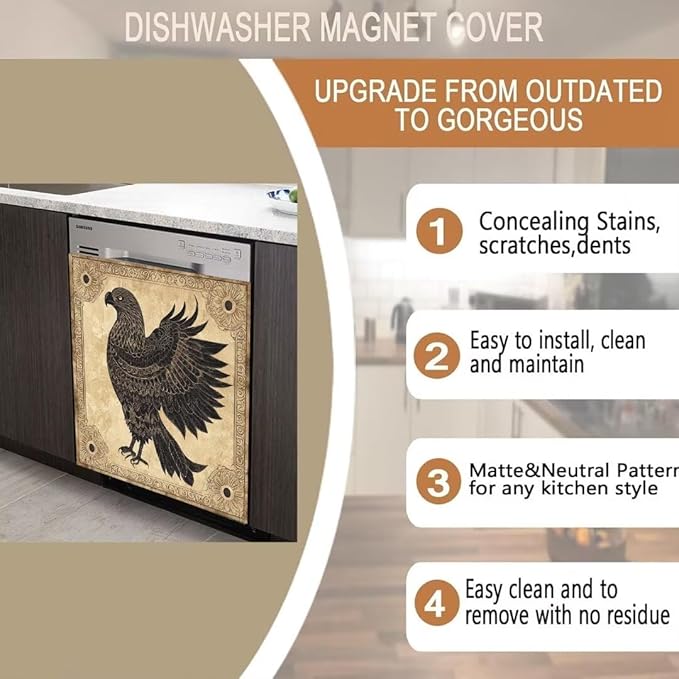 Black Eagle Home Appliance Dishwasher Magnetic Door Panel Sheet, Animal Eagle Dishwasher Magnet Front Cover, Retro Style Magnets Skin Cover for Refrigerator - 23" W x 26" H Magnetic
