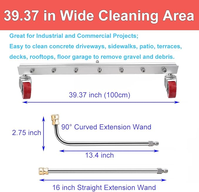 39 inch Water Broom Pressure Washer Surface Cleaner 4000 Psi Power Broom Sweeper with 7 Nozzles 2 Extension Wand for Concrete Driveway Sidewalk Deck, Roof Floor Cleaning (39 INCH)
