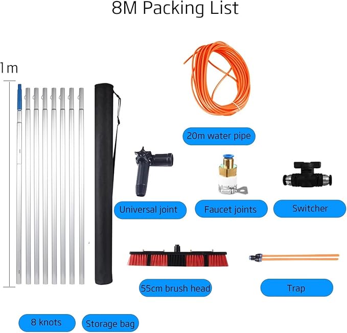 Telescopic Brush,Solar Panel Cleaning Brush and Pole extendable Window Cleaning kit Water Fed Extendable Brush Roof Cleaning Tools Conservatory 8poles 55brush Head