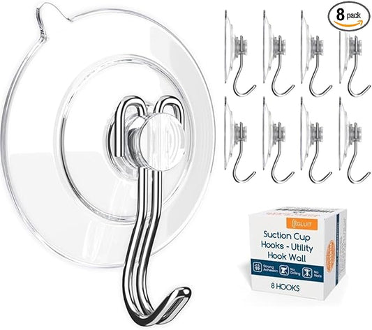GLUIT Suction Cup Hooks - Utility Hook Wall Hangers for All Purposes Stainless Steel Removable Small Suction Cups for Kitchen Bathroom Shower Wall Window Glass Door 3 lbs (8 Suction Hooks)