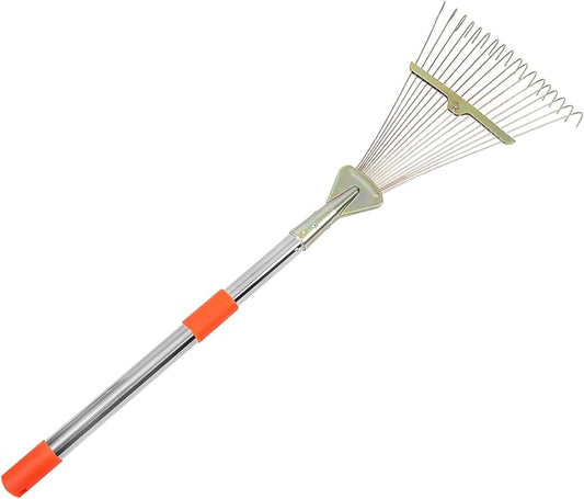 18-Tine Retractable Garden Rake with Stainless Steel Handle for Lawn and Leaf Cleaning, 80cm Telescopic Grass Rake Suitable for Flower Farming and Shrub Maintenance
