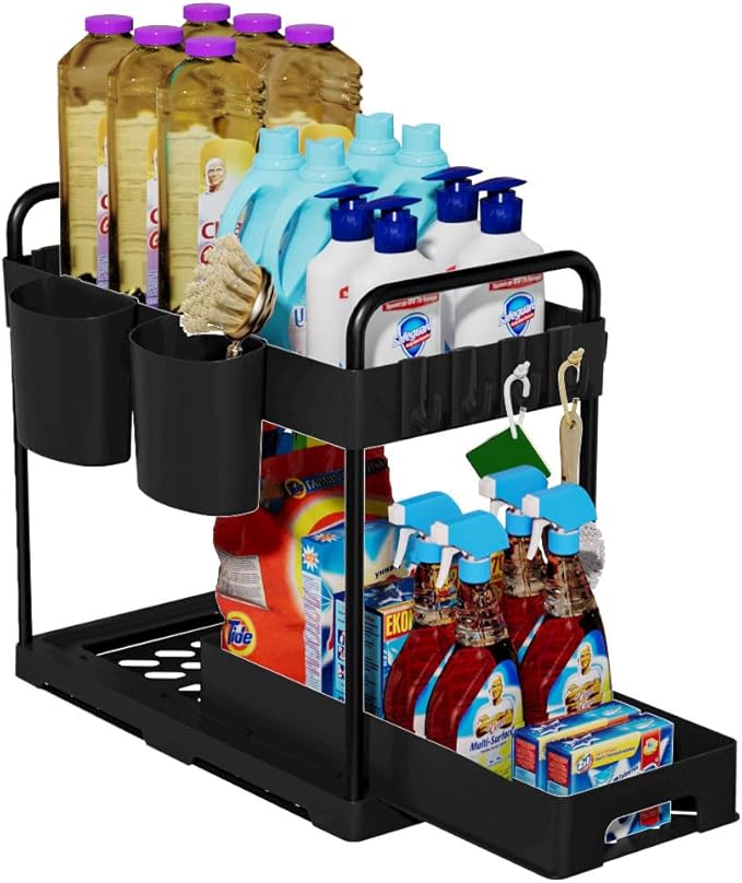 Under Over Sink Organizer and Storage, Under bins for Kitchen and Bathroom Sink Organizers and Storage Cabinet Cleaning Supplies Organizer Shelf Sliding Drawer(2 Packs)