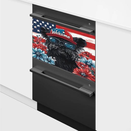 Black Patriotic Puppy Dishwasher Magnet Cover American Flag and Flowers Magnetic Dishwasher Cover Magnets Decorative Cover Refrigerator Appliances Panel Sheets 23" x 17" Magnetic