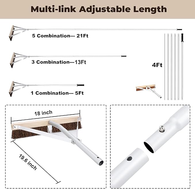 Leaf Roof Brush with Gloves, Roof Rake Remove Leaves, Adjustable 5-21ft Roof Cleaning Brush Tool for Shingles, Corrugated, Solar Panel, Lightweight Long Handle Extension Aluminum Poles Broom