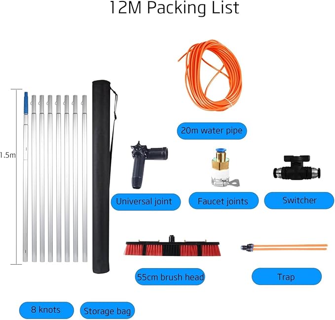 Telescopic Cleaning Brush up to, Water Powered, Gutter Cleaning Brush Roofing, Cleaning Solar Panels 12poles 55brush Head