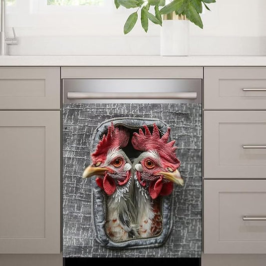 Wood Board and Rooster Wallpaper Dishwasher Magnet Cover Panel Kitchen Decorative Magnetic Refrigerator Front Door Cover Sticker,23W x 26H inchs