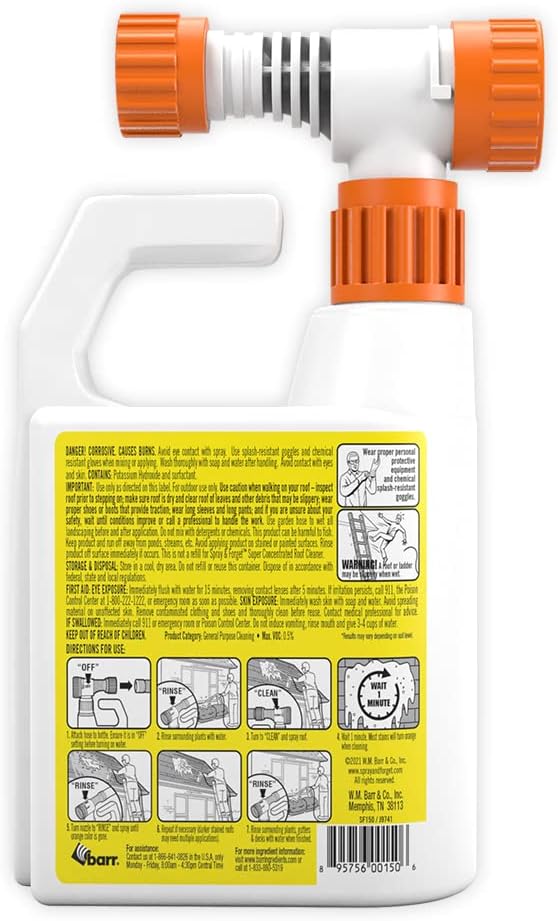 Spray & Forget Super Concentrated Revolutionary Roof Cleaner, 1 Qt. Hose-End Bottle - Cleans Algae, Mold & Mildew Stains, Use on Asphalt, Wood, Slate, Clay & Tile Shingles, Yellow (SF150)