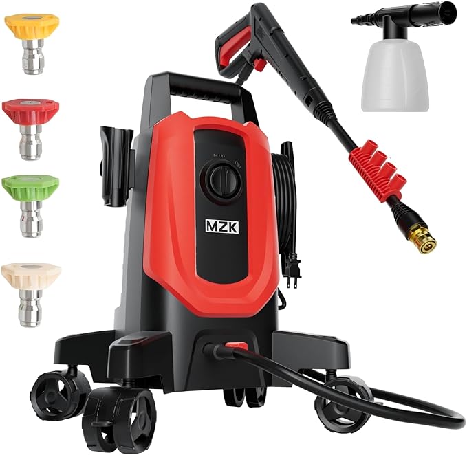 MZK Pressure Washer,with Anti-Tipping Technology,4 Quick-Connect Nozzles,Foam Cannon for Easy Replacement,High-Pressure Cleaning of Cars,Fences
