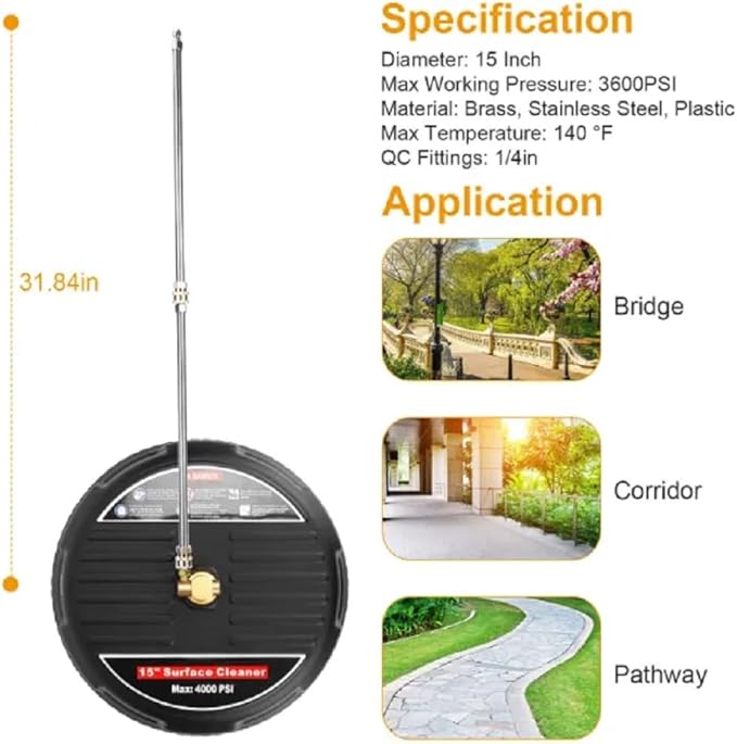 Stainless Stee Power Washer Broom,15in 4000PSI, Disc Surface Cleaner for Driveways and Decks,Heavy Duty Brass and Stainless Steel Construction,Wide Application,Quick Connect, Power Washer Accessories