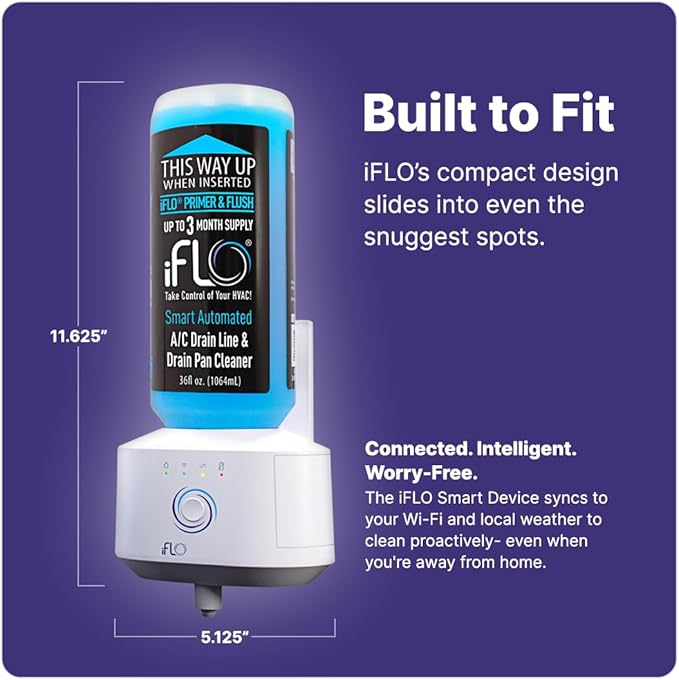 iFLO® Smart A/C Drain Line and Drain Pan Cleaner for HVAC System, Clog-Free, Easy Installation & App-Controlled Air Conditioner Maintenance, Includes 36oz Cleaner Cartridge, 3 Month Supply (Pack of 2)