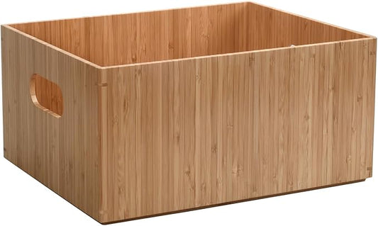 MobileVision Bamboo Bathroom Bin Organizer for Toiletries, Make Up & Cosmetics, Brushes, Styling Tools & Products, Cleaning Supplies, Toilet Paper 14” x 11” x 6.5” With White Clip Included