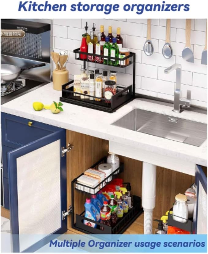 Under Sink Organizer 2-Pack – Sliding 2-Tier Metal Storage Rack, Pull-Out Cabinet Shelf for Kitchen, Bathroom, Cleaning Supplies & Toiletries.