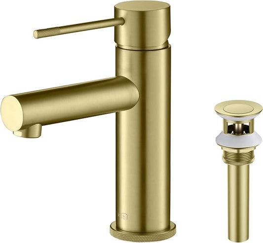 KIBI KBF1010 Solid Brass Single Handle Single Hole Circular X Faucet for Bathroom Sink with Pop Up Drain | High Arc Faucet Spout | Brushed Gold | Corrosion and Rust Resistant
