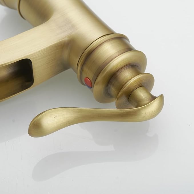 BWE Antique Brass Bathroom Faucet Single Hole Waterfall Bathroom Sink Faucet with Pop Up Drain Assembly and Supply Hose Rustic Lavatory Vanity Sink Faucet Mixer Tap
