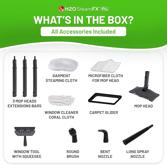 H2O Steam FX Pro Handheld Steam Cleaner | 5-in-1 Spot Cleaner & Floor Mop | Includes Extension Bars, Window & Garment Tools | Grout, Glass & Sealed Floors