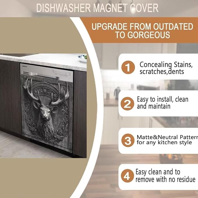 3D Deer Head Dishwasher Full Door Sticker, Gray Stone Flower Carving Refrigerator Cover for Home Appliance, Animal Deer Vinyl Decal for Dishwasher (23" x 26" Ordinary)