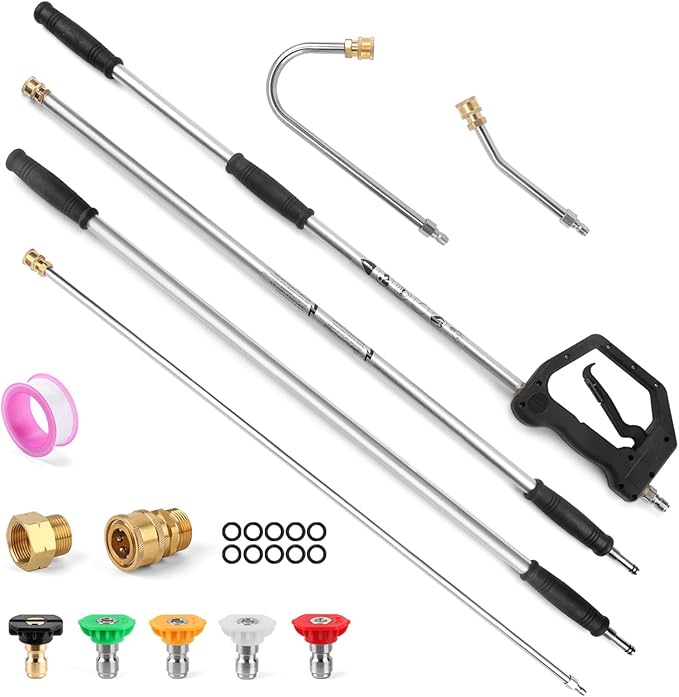 Gutter Cleaning Tools From the Ground, 13 FT Pressure Washer Extension Wand, Power Washer Lance With 5 Pressure Washer Spray Nozzle Tips, 30°, 120° Gutter Cleaner Curved Rod for Wall Roof Gutter