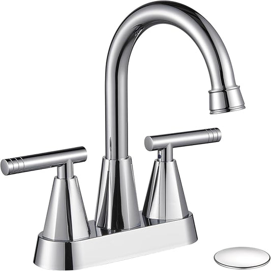 Cobbe Chrome Bathroom Faucets for Sink 3 Hole, 4 inch Chrome Bathroom Sink Faucet with Pop-up Drain and Supply Hoses, Stainless Steel Lead-Free Centerset Touch On Faucets for Bathroom Sink Vanity RV